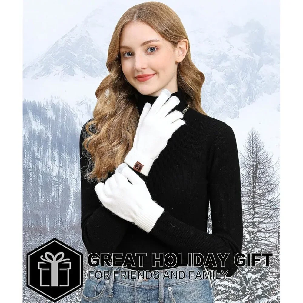 Women's White Winter Touchscreen Wool Magic Warm Knit Fleece Lined Gloves